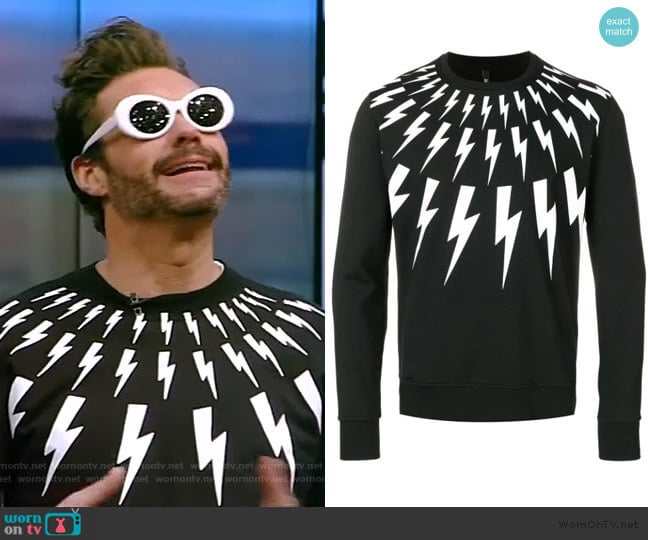 Neil Barrett lightning bolt printed sweatshirt worn by Kelly Ripa on Live with Kelly and Mark