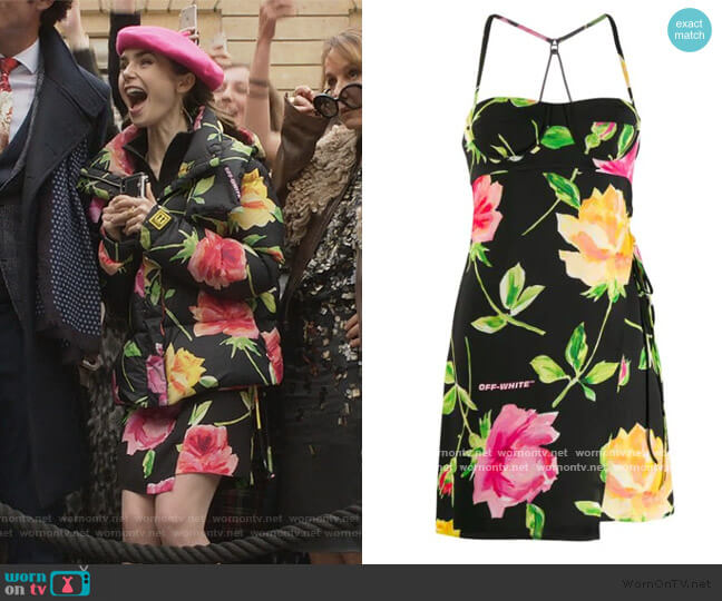 Off-White floral mini dress worn by Emily Cooper (Lily Collins) on Emily in Paris