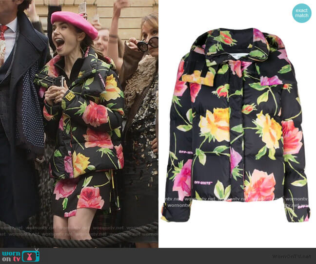 Off-White floral-print puffer jacket worn by Emily Cooper (Lily Collins) on Emily in Paris