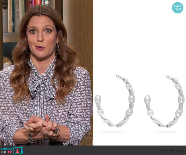 Paco Rabanne Eight Nano hoop earrings worn by Drew Barrymore on The Drew Barrymore Show