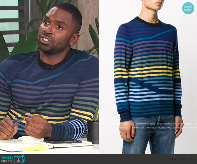 PS Paul Smith striped-pattern crew neck jumper worn by Justin Sylvester on E! News