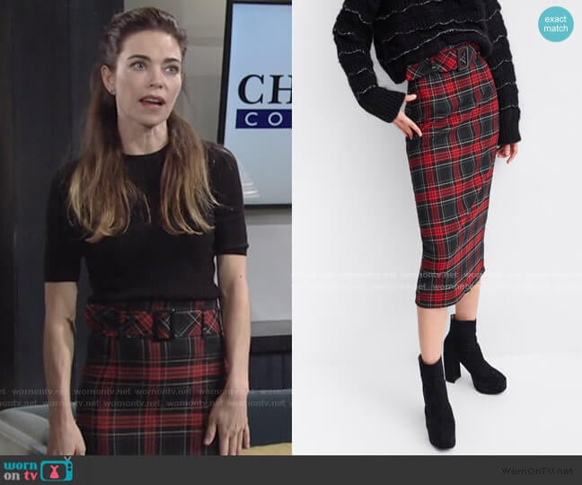 Zara Plaid Midi Skirt worn by Victoria Newman (Amelia Heinle) on The Young and the Restless