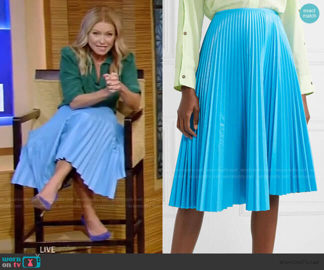 Cédric Charlier Pleated Faux Leather Skirt worn by Kelly Ripa on Live with Kelly and Mark