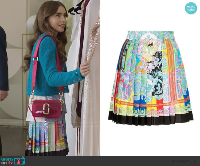 Versace Pleated Printed Silk-Twill Mini Skirt worn by Emily Cooper (Lily Collins) on Emily in Paris