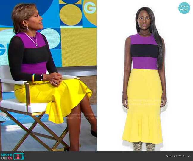 Tristan Arch Purple/Yellow/Black Color Blocking Dress worn by Robin Roberts on Good Morning America