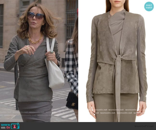 Rick Owens Suede Wrap Jacket worn by Sylvie (Philippine Leroy-Beaulieu) on Emily in Paris