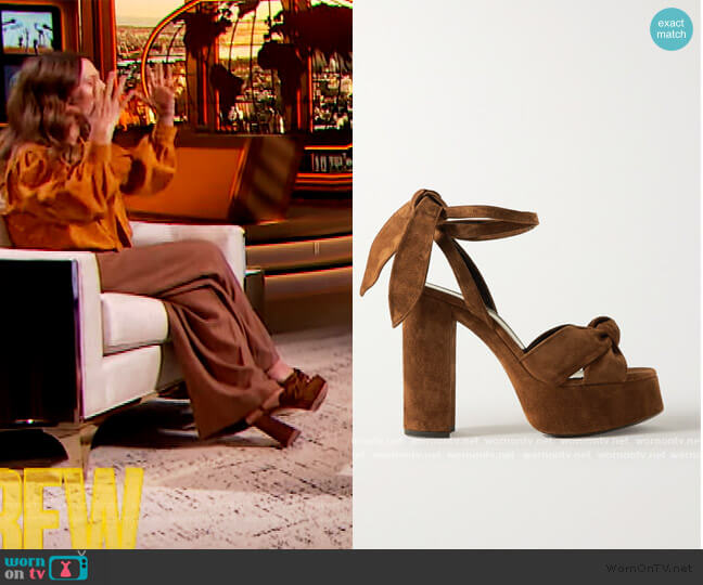 Saint Laurent Bianca knotted suede platform sandals worn by Drew Barrymore on The Drew Barrymore Show