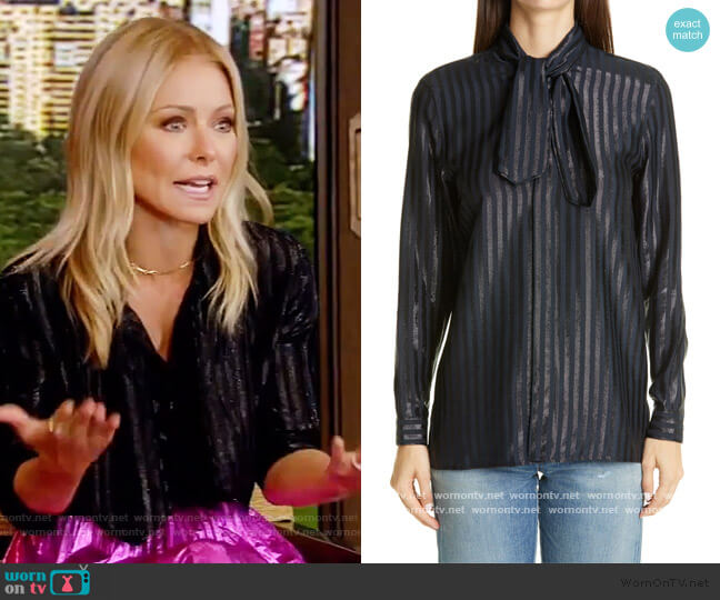 Saint Laurent Tie-neck striped metallic silk-blend shirt worn by Kelly Ripa on Live with Kelly and Mark