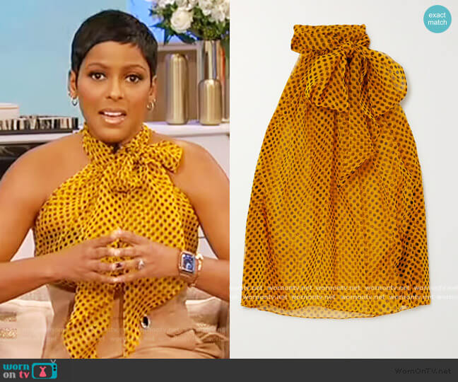 Saint Laurent Pussy-bow polka-dot silk-chiffon blouse worn by Tamron Hall on Tamron Hall Show