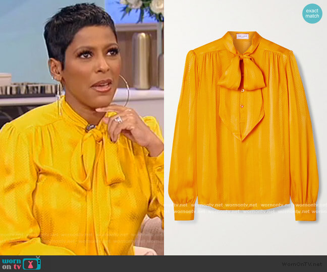 Saint Laurent Pussy-bow silk-jacquard blouse worn by Tamron Hall on Tamron Hall Show