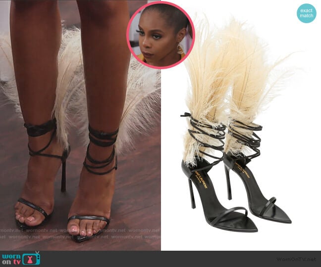 Saint Laurent Talitha Feather-Embellished Ankle-Wrap Sandal worn by Candiace Dillard Bassett on The Real Housewives of Potomac