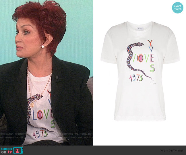 Saint Laurent Love 1975 snake print T-shirt worn by Sharon Osbourne on The Talk