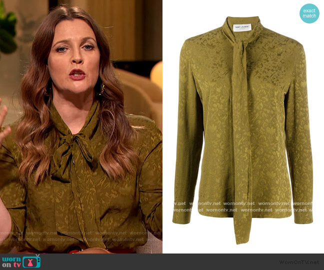 Saint Laurent Tie Neck Silk Jacquard Shirt worn by Drew Barrymore on The Drew Barrymore Show