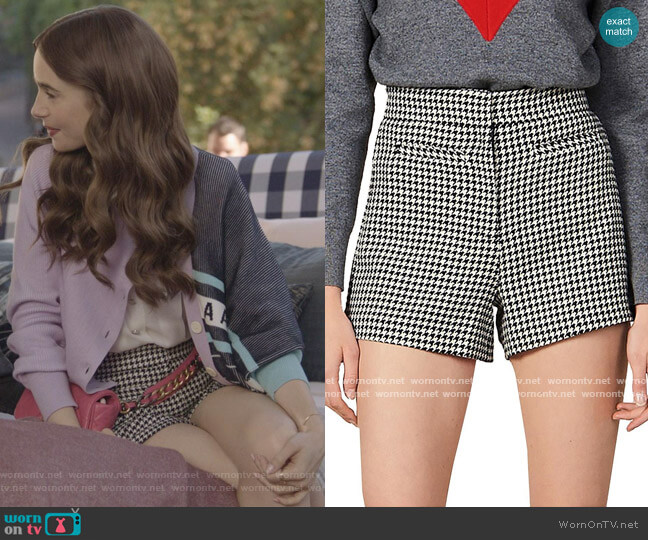 Sandro Missey High-Waist Houndstooth Shorts worn by Emily Cooper (Lily Collins) on Emily in Paris