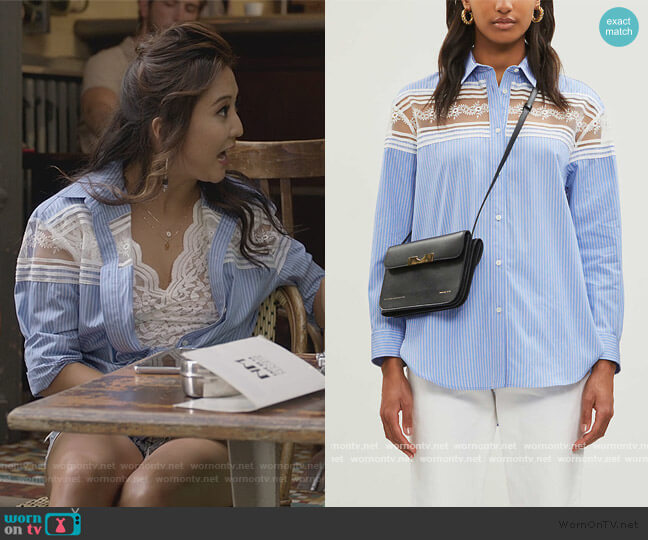 Sandro Sheer lace-panel cotton shirt worn by Mindy Chen (Ashley Park) on Emily in Paris