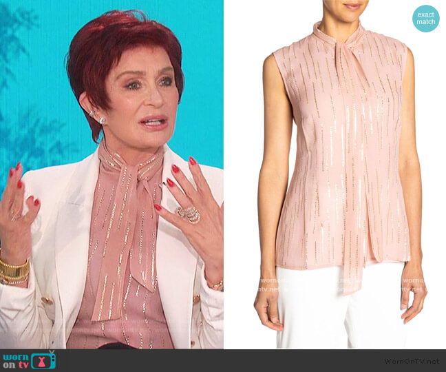 Santorelli Fancy Striped Tie-Neck Sleeveless Silk Top worn by Sharon Osbourne on The Talk