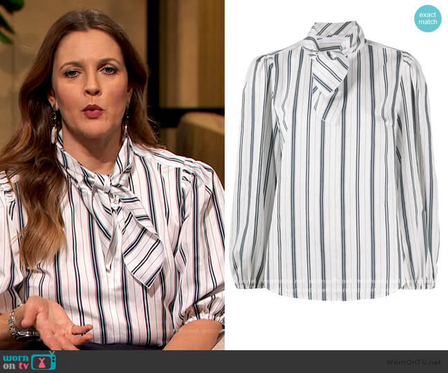 See by Chloe Tie-neck striped blouse worn by Drew Barrymore on The Drew Barrymore Show
