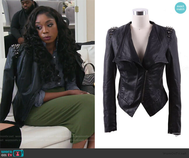 Shein Black Wide Lapel Rivet Shoulder Leather Biker Jacket worn by Wendy Osefo on The Real Housewives of Potomac