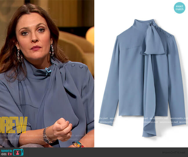 St. John Heavy Silk Georgette Bow Blouse worn by Drew Barrymore on The Drew Barrymore Show