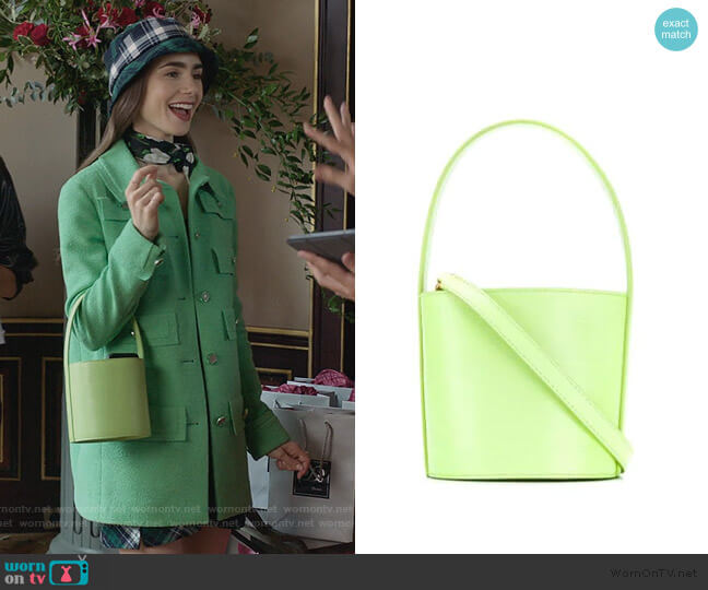 Staud mini Bissett lizard-embossed leather bucket bag worn by Emily Cooper (Lily Collins) on Emily in Paris