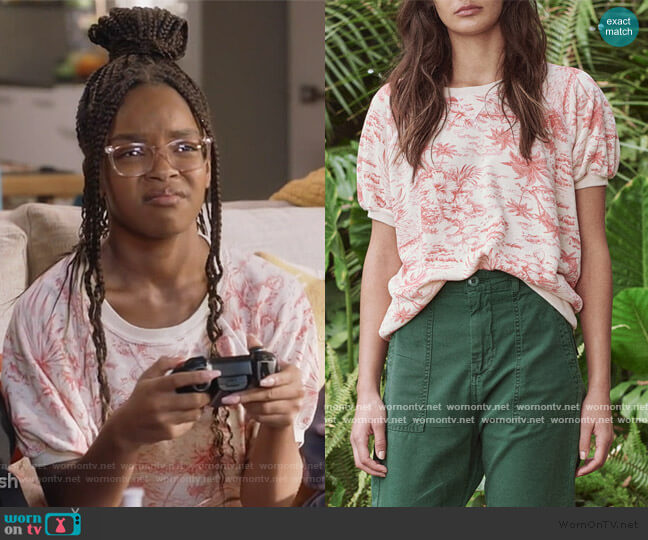 The Great The Short Sleeve Puff Tropical Print Sweatshirt worn by Diane Johnson (Marsai Martin) on Black-ish