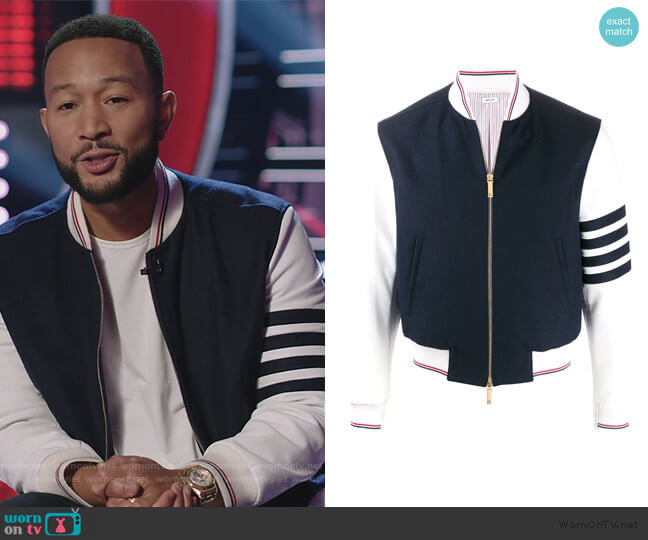 Thom Browne 4-Bar rib bomber jacket worn by John Legend on The Voice
