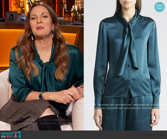 Tom Ford Scarf-Neck Satin Blouse worn by Drew Barrymore on The Drew Barrymore Show