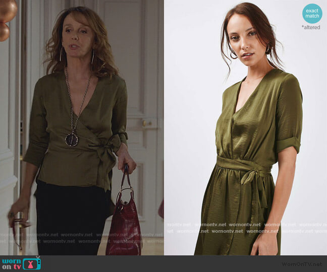 Topshop Crushed Satin Wrap Dress worn by Sylvie (Philippine Leroy-Beaulieu) on Emily in Paris