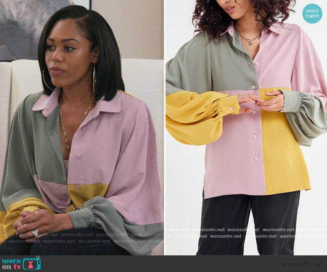 Ghospell Many Miles Colorblock Button-Down Shirt worn by Monique Samuels on The Real Housewives of Potomac