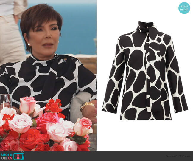 Valentino Pussy-bow 1966 giraffe-print wool-blend top worn by Kris Jenner on Keeping Up with the Kardashians