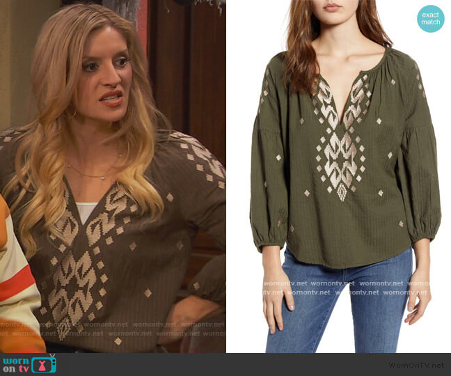 Velvet by Graham & Spencer Metallic Ikat Embroidery Cotton Top worn by Chelsea Grayson (Anneliese van der Pol) on Ravens Home