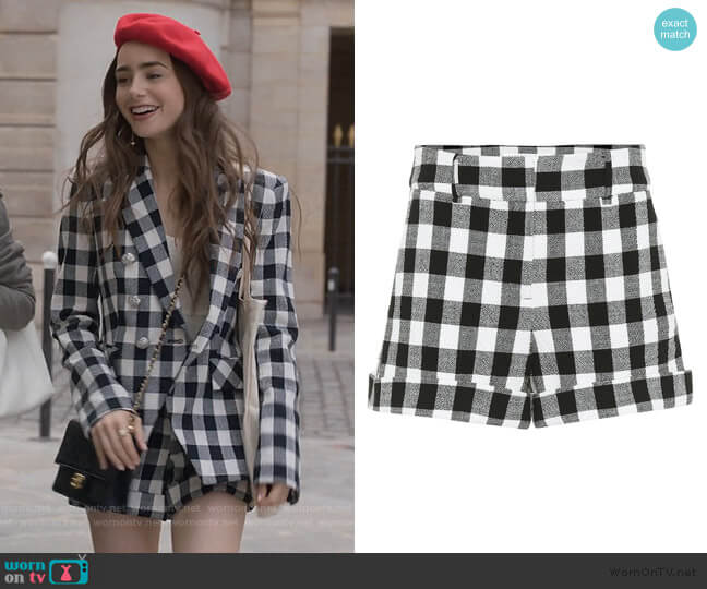 Veronica Beard Carito checked cotton Shorts worn by Emily Cooper (Lily Collins) on Emily in Paris