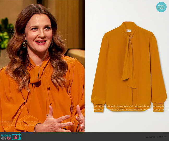 Victoria Beckham Pussy-bow silk crepe de chine blouse worn by Drew Barrymore on The Drew Barrymore Show