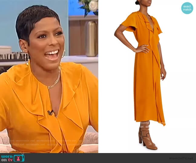 Victoria Beckham Ruffle Chain Silk Midi Dress worn by Tamron Hall on Tamron Hall Show