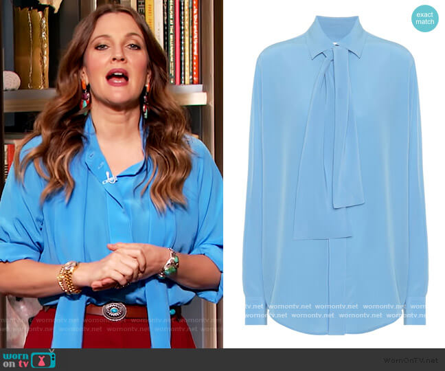 Victoria Beckham Silk-crepe tie-neck blouse worn by Drew Barrymore on The Drew Barrymore Show