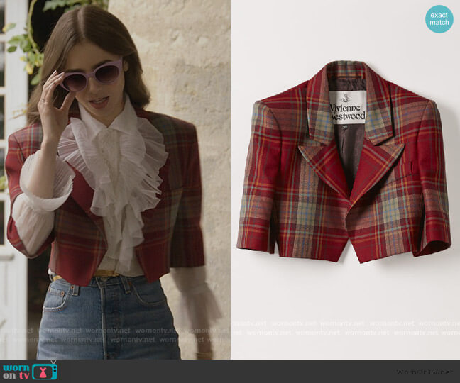 Vivienne Westwood Cropped Jacket in Tartan Red worn by Emily Cooper (Lily Collins) on Emily in Paris