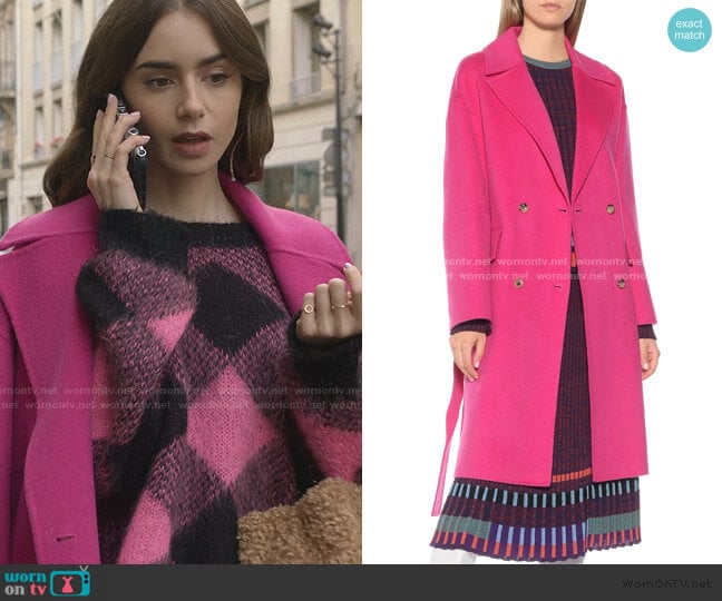 Kenzo Wool and Cashmere Coat worn by Emily Cooper (Lily Collins) on Emily in Paris