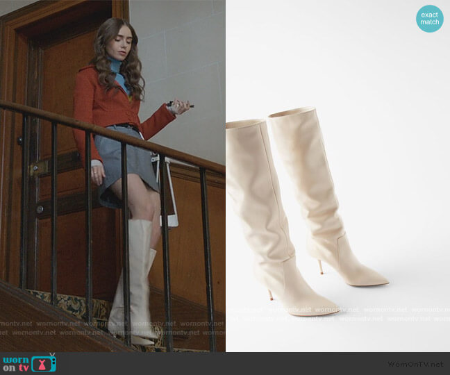 Zara High Rise Leather Boots worn by Emily Cooper (Lily Collins) on Emily in Paris