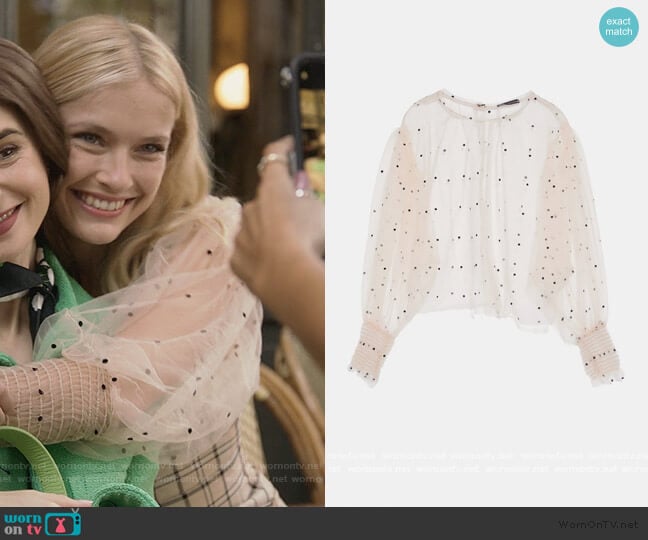 Zara Semi Sheer Polka Dot Top worn by Camille (Camille Razat) on Emily in Paris