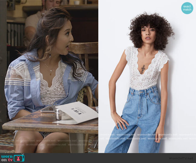 Zara Lace Bodysuit worn by Mindy Chen (Ashley Park) on Emily in Paris