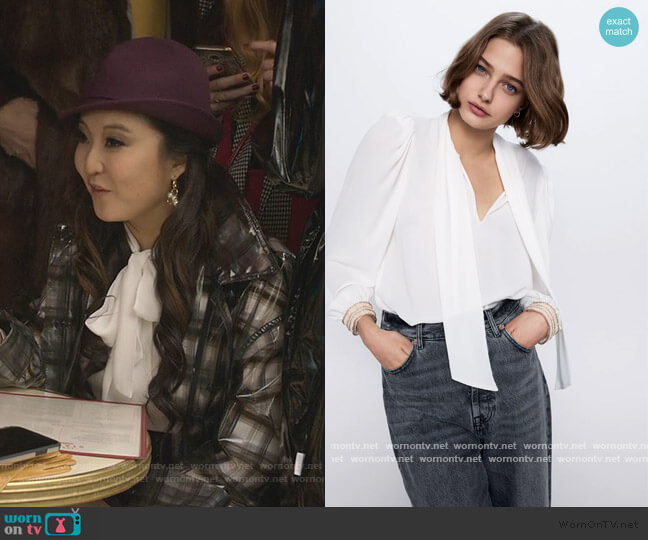 Zara White Tie Neck Blouse worn by Mindy Chen (Ashley Park) on Emily in Paris