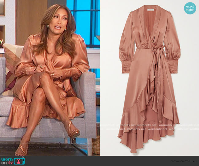 Zimmermann Asymmetric ruffled silk-satin wrap midi dress worn by Carrie Inaba on The Talk