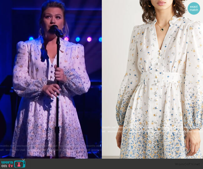 Zimmermann Carnaby floral-print linen mini dress worn by Kelly Clarkson on The Kelly Clarkson Show