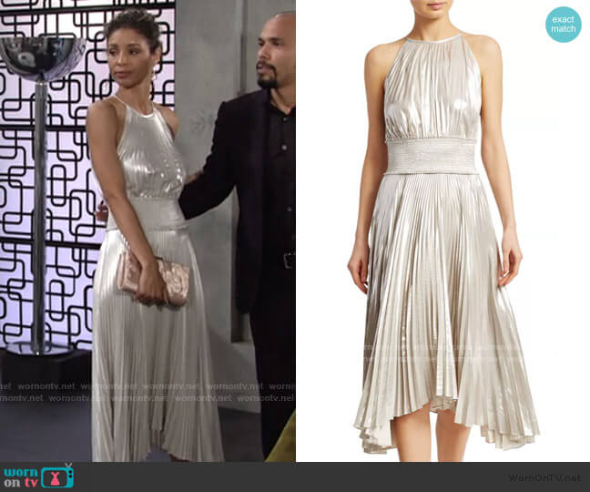 A.L.C. Weston Metallic Pleated Midi Dress worn by Elena Dawson (Brytni Sarpy) on The Young and the Restless