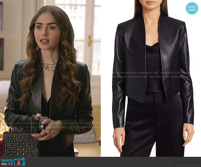 Alice + Olivia Harvey Open Leather Jacket worn by Emily Cooper (Lily Collins) on Emily in Paris