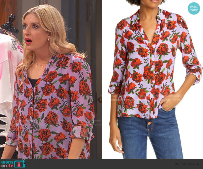 Alice + Olivia Eloise Roll Sleeve Floral Print Silk Blouse worn by Chelsea Grayson (Anneliese van der Pol) on Ravens Home