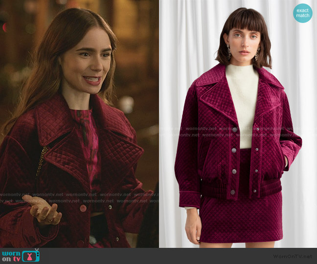 & Other Stories Quilted Velour Jacket worn by Emily Cooper (Lily Collins) on Emily in Paris