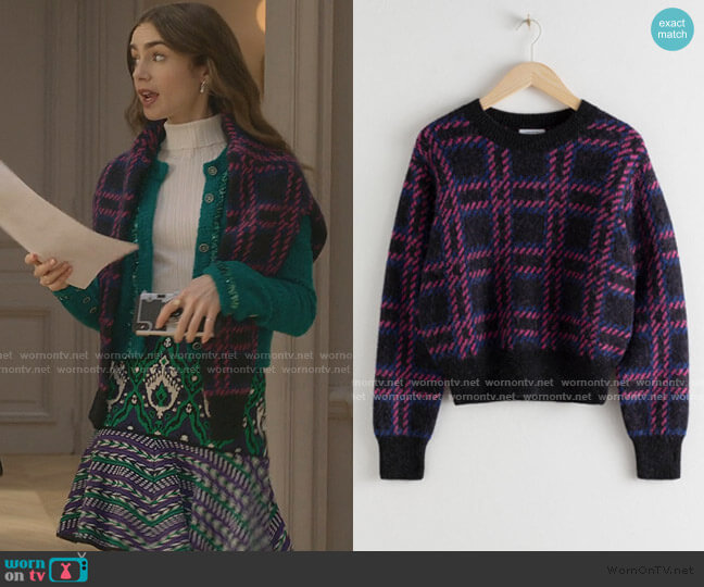 & Other Stories Check Alpaca Wool Blend Sweater worn by Emily Cooper (Lily Collins) on Emily in Paris