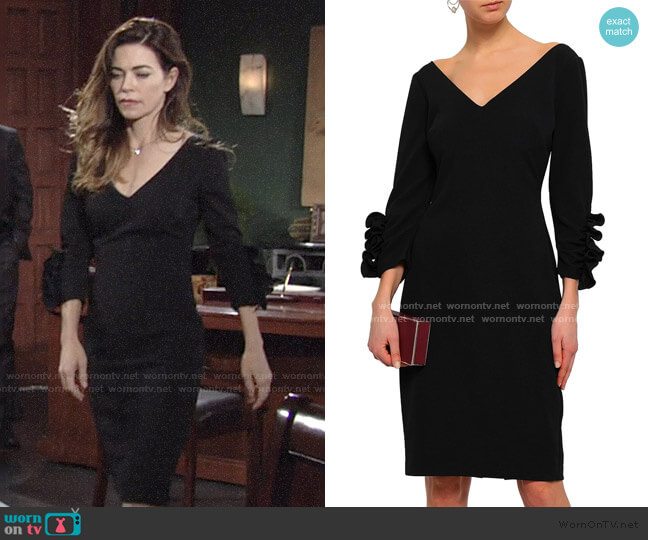 Badgley Mischka Ruffle-Trimmed Ponte Dress worn by Victoria Newman (Amelia Heinle) on The Young and the Restless