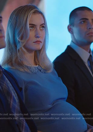 Becky’s blue maternity dress with lace collar on Filthy Rich